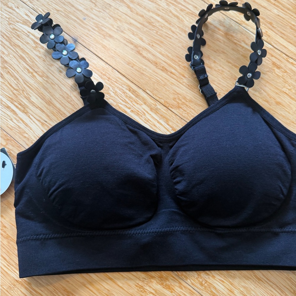 Seamless Black Bralette with Floral Accent Straps